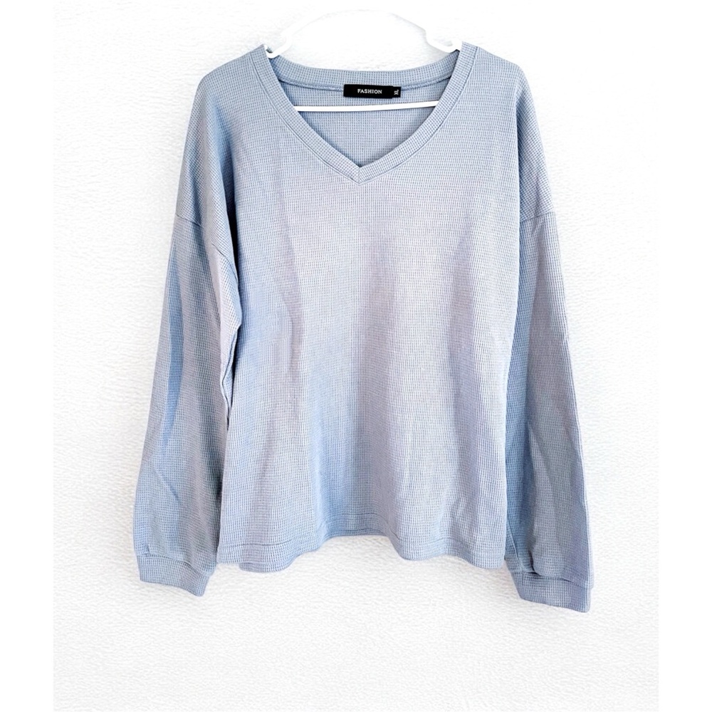 Sky Blue Cozy Waffle Knit Slouchy V-Neck Sweater